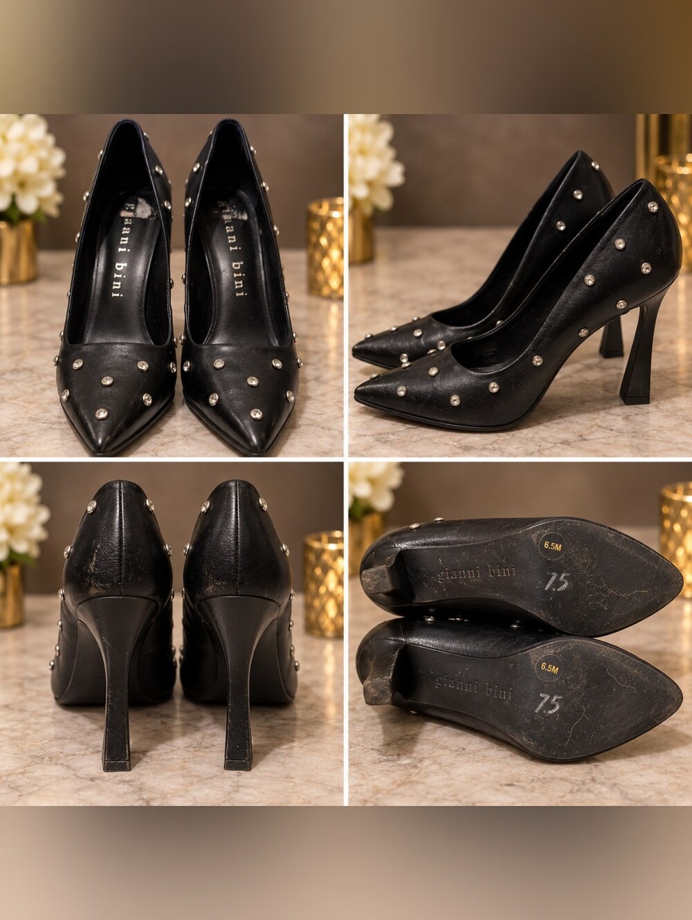 Gianni Bini Black Rhinestone Studded Pointed-Toe Pumps – Size 8.5M